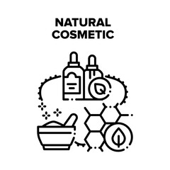 Natural Cosmetic Vector Icon Concept. Essential Oil And Powder Natural Cosmetic, Nature Ingredients For Prepare Skincare And Beauty Accessories For Makeup. Liquid For Skin Care Black Illustration