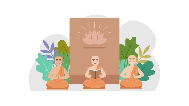 Group of monks reads holy book and doing meditation