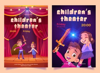 Obraz premium Children theater posters with kids play performance on stage with red curtains. Vector invitation flyers with cartoon illustration of boy and girl theatre actors with sword and crown