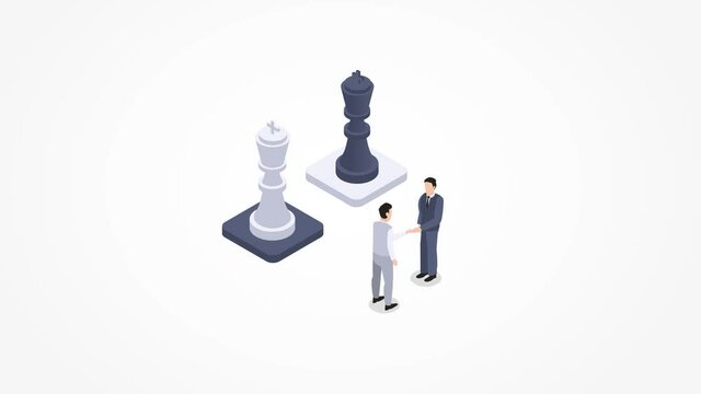 Two businessmen handshake near two chess pieces