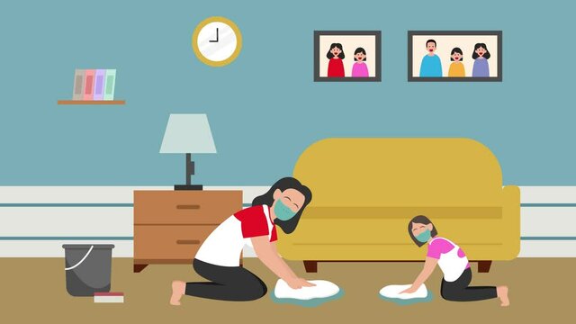 Young mother and her daughter mop floors together