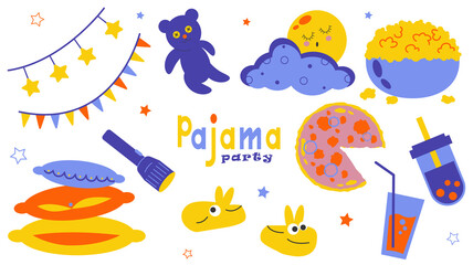 Clipart for a pajama party invitation. Set of illustrations. Leisure and relaxation collection.