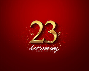 23rd anniversary background with 3D number illustration golden numbers and Anniversary Celebration text with golden confetti on red background.