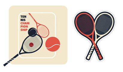 Tennis racquet labels in retro colors on white background.