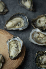 Open fresh oysters on dark background