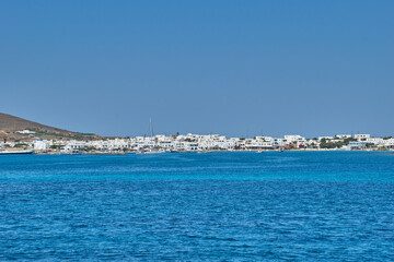 Antiparos island, Greece - June 2017: Beautiful seascape view travelling to Antiparos island as the boat approaches the port. Panoramic summer scenery in Greece at Antiparos island, Cyclades, Greece