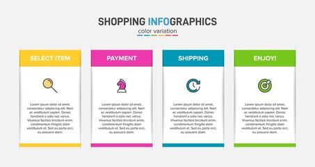 Concept of shopping process with 4 successive steps. Four colorful graphic elements. Timeline design for brochure, presentation, web site. Infographic design layout.