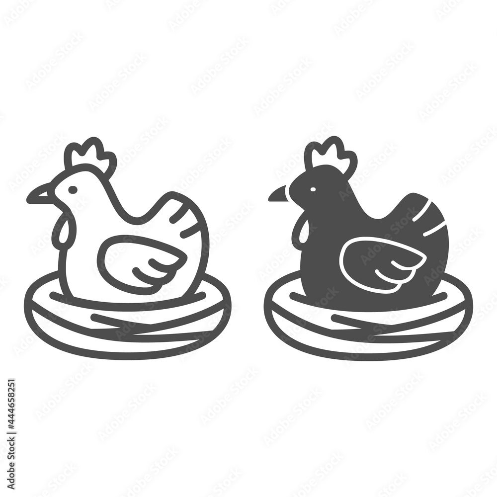 Poster chicken in nest line and solid icon, poultry concept, brood hen bird vector sign on white background