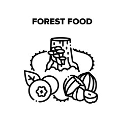 Forest Food Vector Icon Concept. Mushrooms Growing On Tree Stump And Nut, Blackberry And Blueberry Berries Eco Forest Food. Natural Bio And Tasty Vegetarian Product Black Illustration