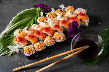 sushi on the black background