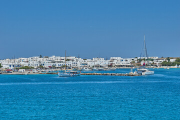 Antiparos island, Greece - June 2017: Beautiful seascape view travelling to Antiparos island as the boat approaches the port. Panoramic summer scenery in Greece at Antiparos island, Cyclades, Greece