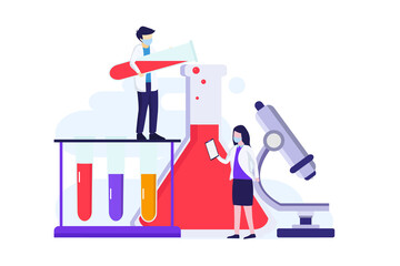 Vaccination concept. Research laboratory concept for Covid-19 Corona virus with scientists working at medicine laboratorium. Flat vector template Style Suitable for Web Landing Page, Background.
