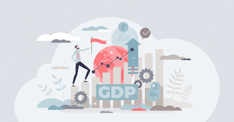 Fototapeta na wymiar Gross domestic product or GDP as country financial rating tiny person concept. Macroeconomic term for potential national budget earnings vector illustration. Growing annual export incomes and profit.