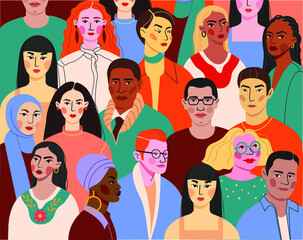 Crowd of young and elderly men and women in trendy hipster clothes. Diverse group of stylish people standing together. Society or population, social diversity. Flat cartoon vector illustration. stock 