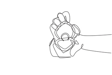 Single one line drawing hand holding ring box as an engagement symbol. Groom's gift for bride on their special day. Marriage celebration. Modern continuous line draw design graphic vector illustration