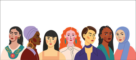 Multi-ethnic women. A group of beautiful women with different beauty, hair and skin color. The concept of women, femininity, diversity, independence and equality. Vector illustration.  - obrazy, fototapety, plakaty