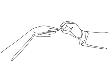 Single one line drawing groom puts ring on finger of bride. Bride and groom make vow of loyalty on their wedding day. Marriage ceremony celebration concept. Modern continuous line draw design graphic - obrazy, fototapety, plakaty