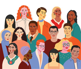 Crowd of young and elderly men and women in trendy hipster clothes. Diverse group of stylish people standing together. Society or population, social diversity. Flat cartoon vector illustration. stock 