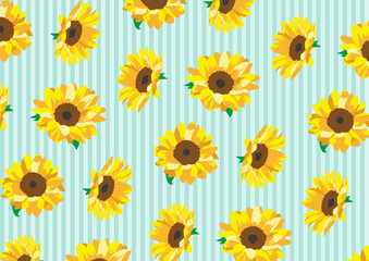 ひまわり柄グリーンストライプ　ひまわり柄シームレスパターン