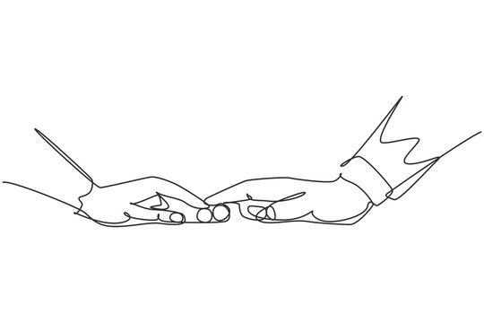 Continuous one line drawing bride and groom touching rings by finger. Bride and groom make vow of loyalty on their wedding day. Marriage celebration. Single line design vector graphic illustration