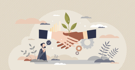 Fototapeta na wymiar Sustainable partner and environmental friendly business tiny person concept. Corporate deal or agreement symbolic handshake with green leaf vector illustration. Climate awareness in company strategy.
