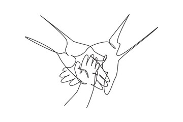 Single continuous line drawing baby hand. Closeup of baby hand into parents hands. Family concept. Tiny Newborn Baby's and parent hands. Dynamic one line draw graphic design vector illustration