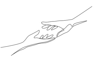 Continuous one line drawing two hands reaching for each other. Sign or symbol of love, hope, caring, helping. Communication with hand gestures Single line draw design vector graphic illustration
