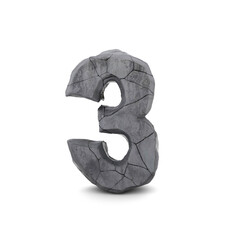 3 3D Number or Stone or Rock 3D number 3 on white background or Cracked stone
