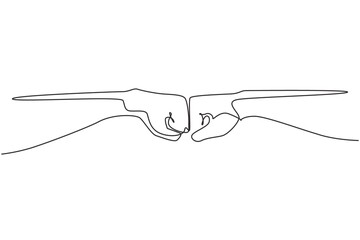 Single continuous line drawing hands of two men pumping their fists. Sign or symbol of power, hitting, attack, force. Communication with hand gestures. One line draw graphic design vector illustration