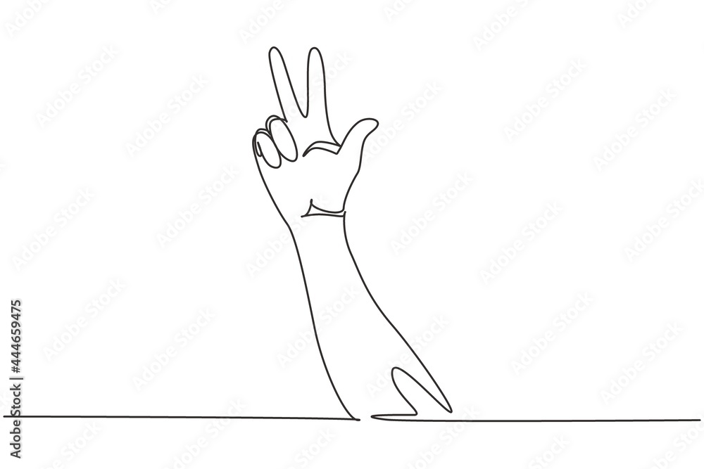 Poster Single continuous line drawing counting hand sign. Number three hand count. Learn to count numbers. Concept of education. Nonverbal signs or symbols. One line draw graphic design vector illustration