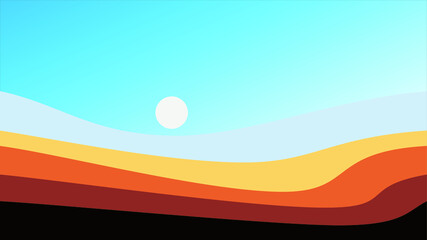 Natural scenery: Mountains, Desert, Hills, Sun, Sunset, Day. Two Landscapes. Flat abstract landscape. trendy vector illustration. Scandinavian style.