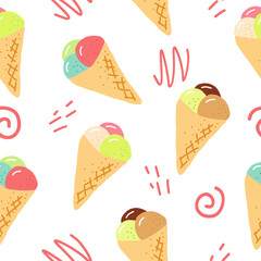 ice cream in waffle cone seamless pattern. hand drawn doodle. vector, cartoon. wallpaper, textiles, fabric, wrapping paper. food, sweet, refreshing, bright, summer.