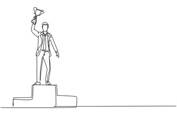 Single one line drawing young businessman wearing suit with tie lifting golden trophy with one hand on podium. Celebrating business performance. Continuous line draw design graphic vector illustration