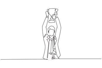 Continuous one line drawing young businessman wearing suit tie holding up golden trophy with both hands. Symbol of achievement business performance. Single line draw design vector graphic illustration