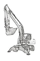 Drawing of the wheeled excavator isolated on a white background