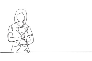 Single one line drawing female athlete wearing sports jersey holding golden trophy with both hands. Celebrating victory of national competition. Continuous line draw design graphic vector illustration