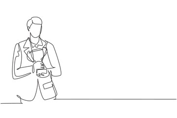 Obraz premium Single continuous line drawing young businessman wearing suit tie holding golden trophy with both hands. Symbol of achievement business performance. One line draw graphic design vector illustration