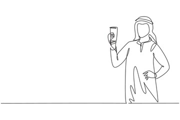 Continuous one line drawing portrait of happy young Arabian male holding glass of orange juice. Make him refreshing and enjoyment in summer season. Single line draw design vector graphic illustration