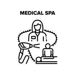 Medical Spa Vector Icon Concept. Patient Healthcare Massage Make Masseur And Laser Depilation Medical Spa Service. Doctor Woman Beauty Salon Medicine Treatment In Clinic Black Illustration