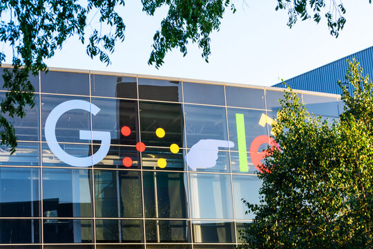 Google accessibility logo on company headquarters in Silicon Valley - Mountain View, California, USA - 2021