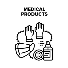 Medical Products Vector Icon Concept. Facial Mask And Protective Medical Gloves, Sanitizer Spray For Killing Viruses And Protect Medical Products. Healthcare Accessories Black Illustration
