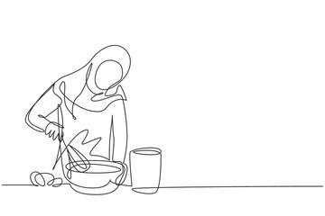 Continuous one line drawing Arabian woman talks on smartphone while preparing dinner in cozy kitchen and knead cake dough using manual hand mixer. Single line draw design vector graphic illustration