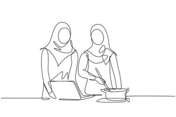 Single one line drawing two Arabian woman cooking dinner has video call conversation in kitchen and talking with friend using application on laptop. Continuous line design graphic vector illustration