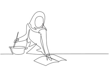 Continuous one line drawing beautiful Arabian woman cooking meal while reading tutorial book on cozy kitchen table at home. Healthy food lifestyle. Single line draw design vector graphic illustration