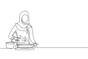 Single one line drawing Arabian woman pouring cooking oil from bottle into frying pan on stove. Prepare food in kitchen. Cooking at home. Modern continuous line draw design graphic vector illustration