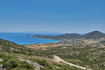 Iconic aerial view From the entrance of the cave of Antiparos island towards the aegean sea in Cyclades, Greece