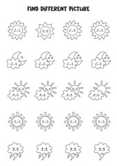 Find weather elements which is different from others. Black and white worksheet for kids.