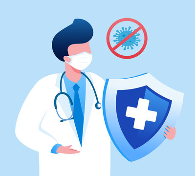 Doctor with shield flat vector illustration for banner