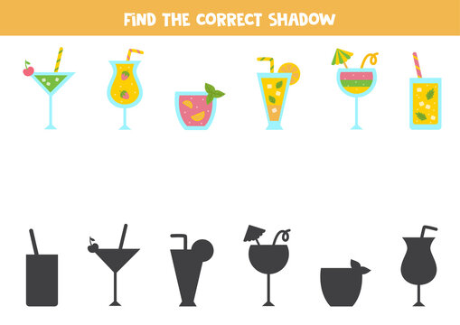 Find the correct shadows of colorful summer cocktails. Logical puzzle for kids.