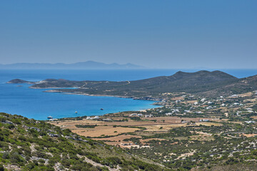 Iconic aerial view From the entrance of the cave of Antiparos island towards the aegean sea in Cyclades, Greece